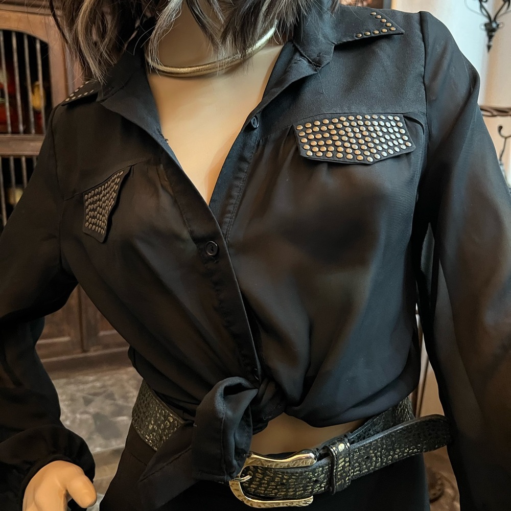 Black sheer button down top with gold studs.